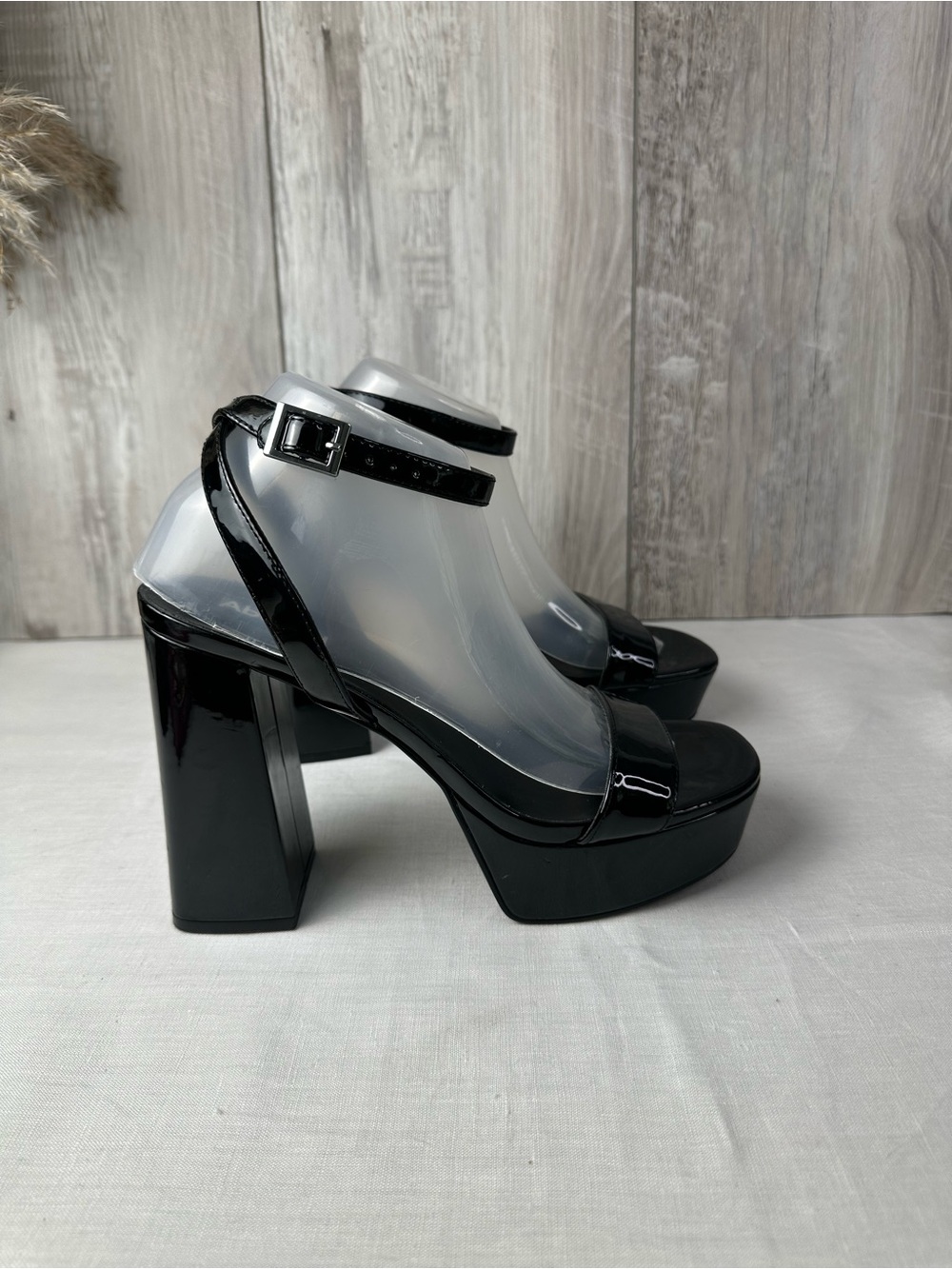 Black Patent Platform Block Heel Sandals - 9